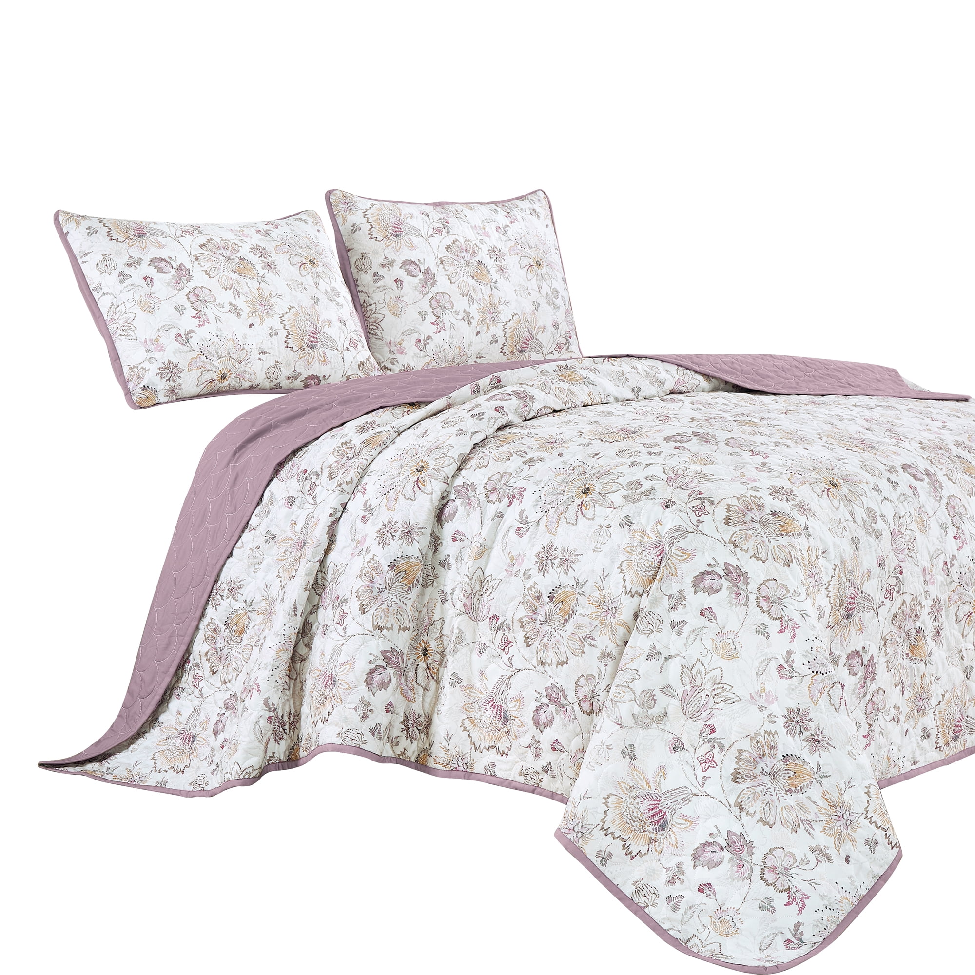 Reversible 3-Piece Floral Print Bedspread Set with Lavender Trim – Stylish Coverlet for King Beds