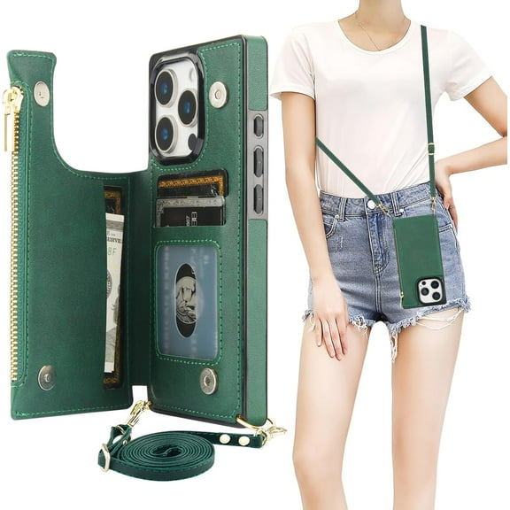 Crossbody Wallet Case for iPhone 16 Pro with RFID Blocking Card Slot Holder, Magnetic Flip Folio Purse Case, PU Leather Zipper Handbag with Detachable Lanyard Strap 6.3 Inch 5G (Green)