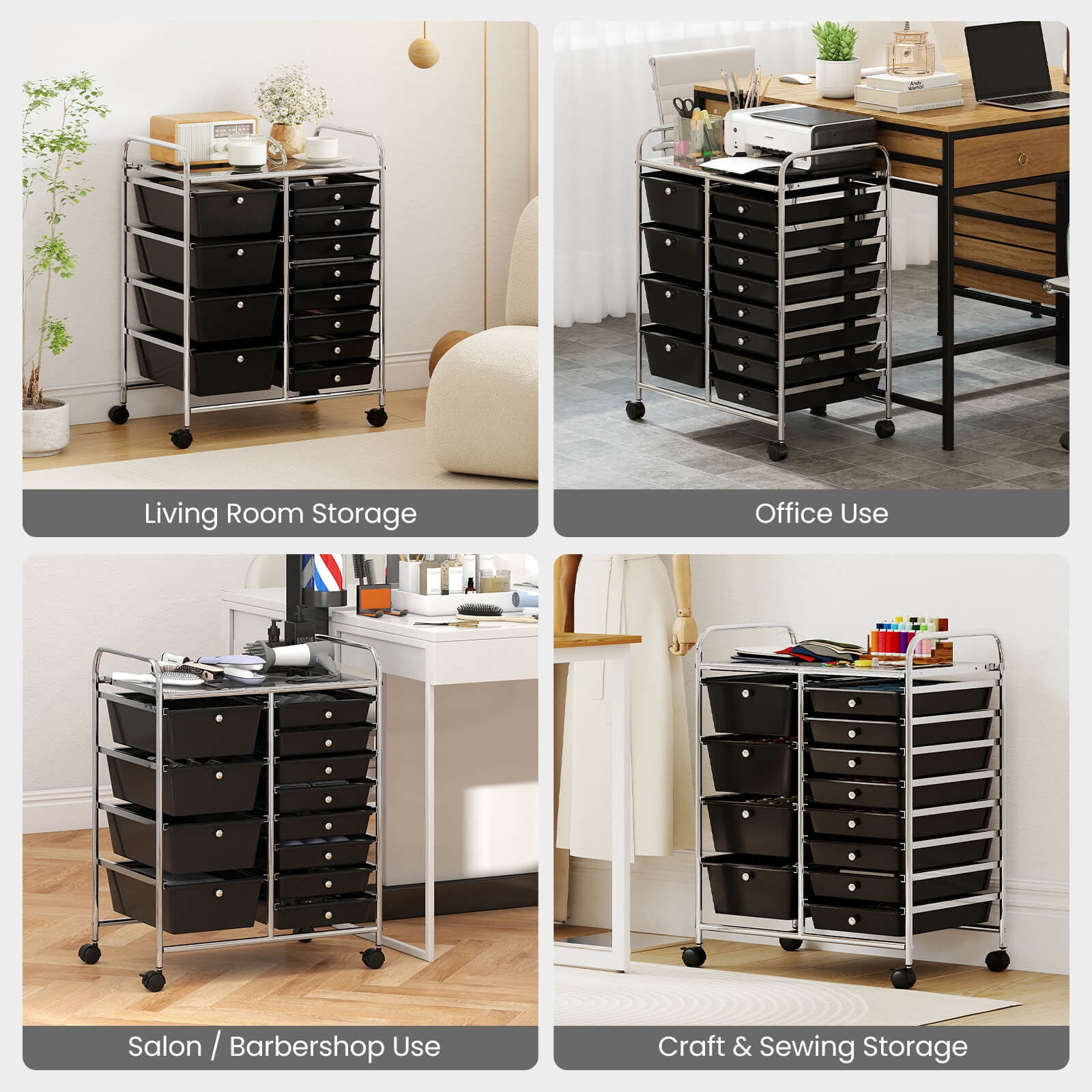 Costway 12-Drawer Rolling Storage Cart with Removable Drawers & Lockable Casters for Office Black