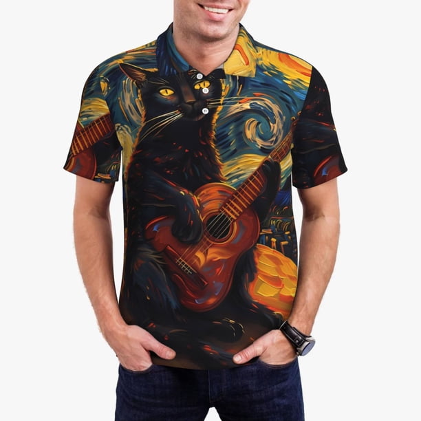 Fotbe Starry Night Cat Guitarist Camiseta Polo de Golf para Hombre con Estampado – Camisa Deportiva Transpirable con Cuello Abotonado-Large