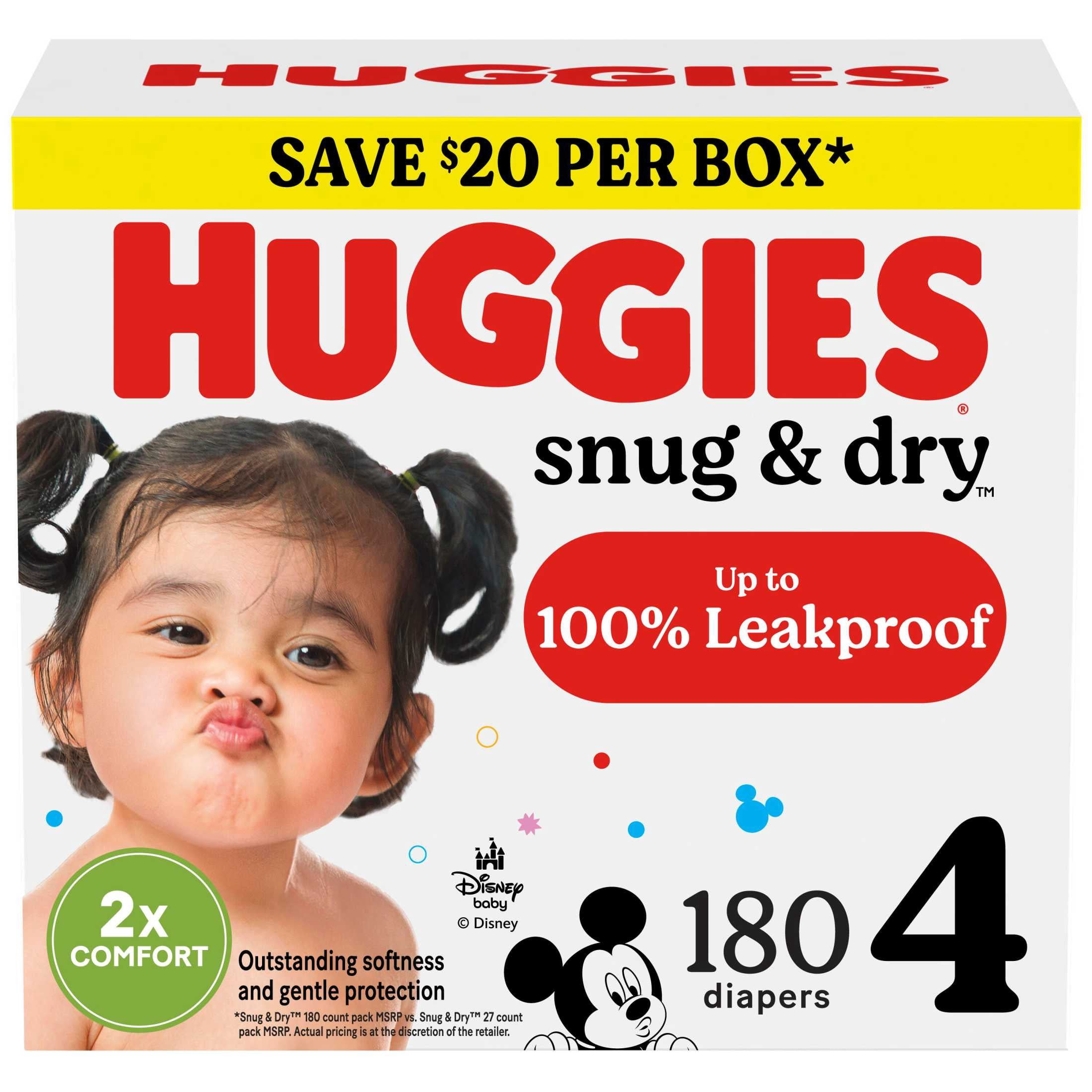 Huggies Snug & Dry Leakproof Baby Diapers, Size 4 (22-37 lbs), 180 Count (Select for More)
