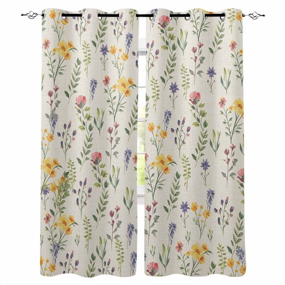 Fsddascl Wildflowers Blossom Blackout Curtains for Bedroom/Living Room, Thermal Insulated Kitchen Curtains, Spring Pastoral Botanical Flowers Beige Grommet Darkening Window Treatment Drapes 42"x84"x2