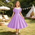 thumbnail image 5 of Girls Dresses Vintage Polka Dot Dress, Short Sleeve Style Peter Pan Collar A-Line Midi Dress, Retro Swing Dress for Kids Party Daily Wear(Purple,7-8 Years), 5 of 5