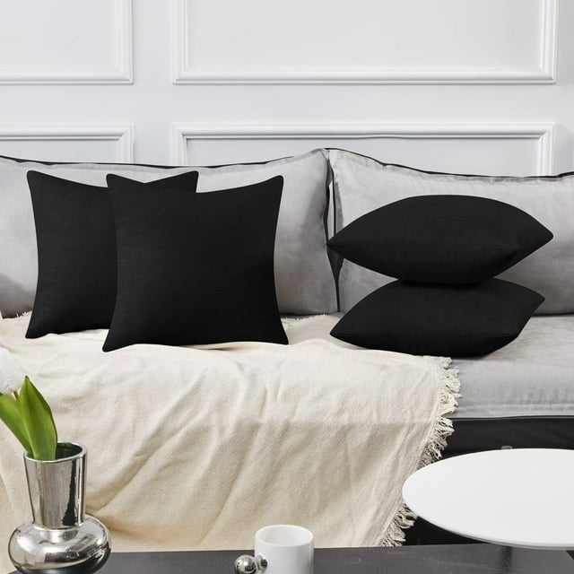 Deconovo Fundas de cojines decorativas - Juego of 4 Soft Linen Cushion Covers, Machine Washable Pillowcases for Sofa, Black, 16x16 Inch