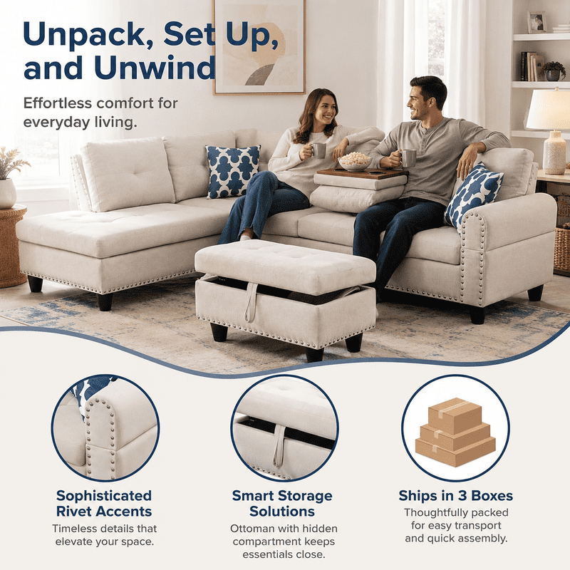 98" L-Shaped Sectional Sofa with Storage Ottoman, 4-Seat Linen Upholstered Modular Couch with Left Chaise, Drop-Down Backrest with Cup Holders, Nailhead Trim, 3-Piece Sofa Set for Living Room, Office