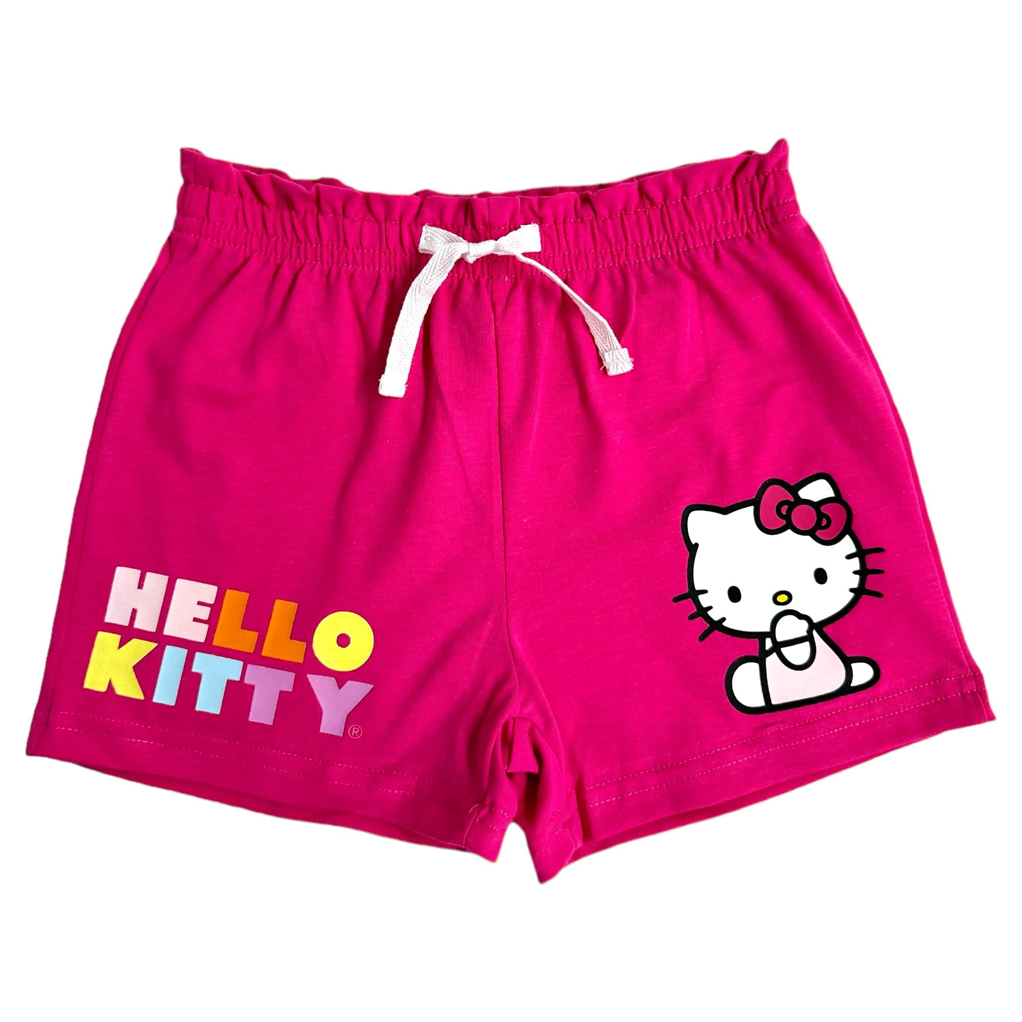 Hello Kitty Girls 2-Piece Fashion Tee Shirt and Active Short Set with Tie Front Top and Fashion Dolphin Shorts Summer Clothes for Little Girls (Fuschia Purple, 8/10)