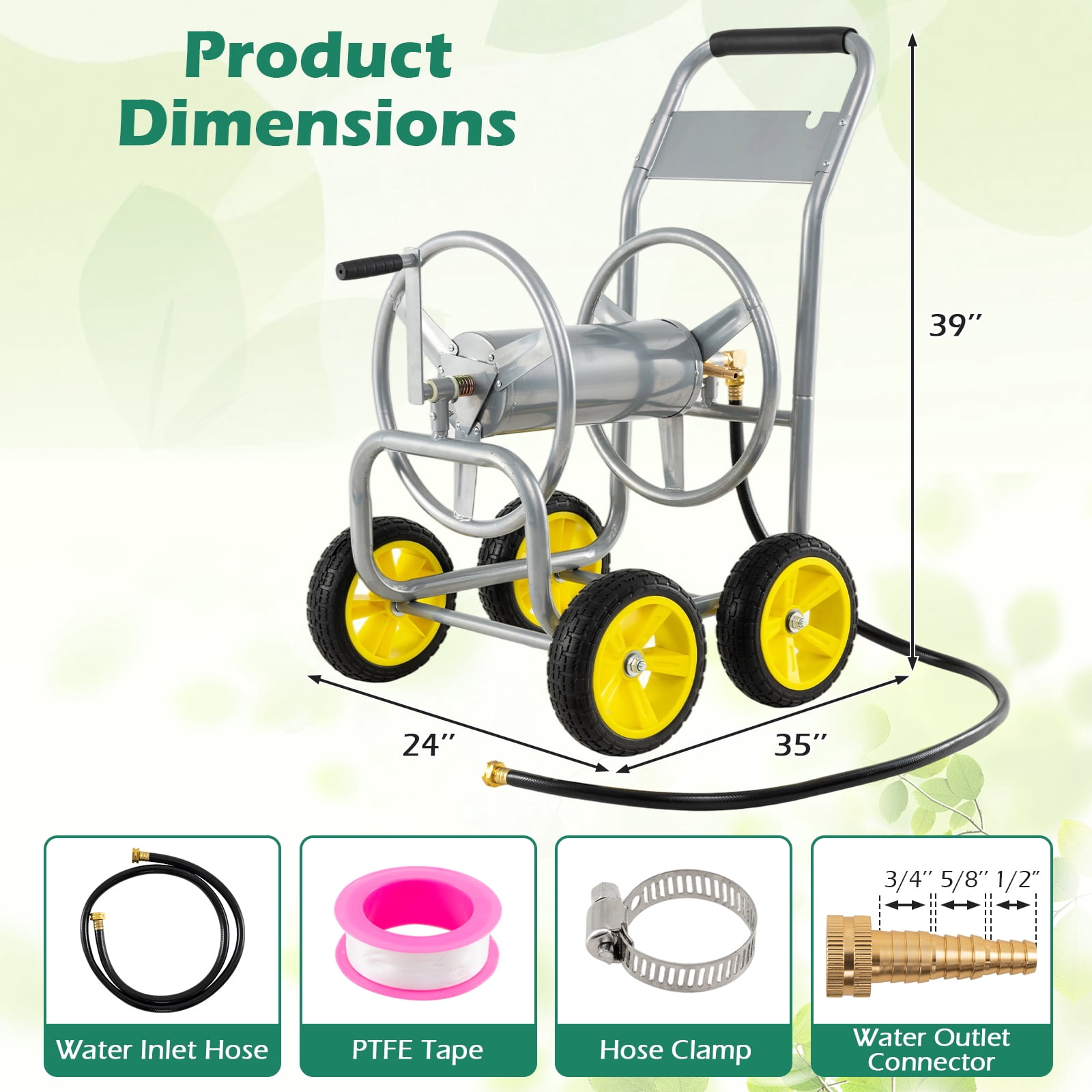 Costway Garden Hose Reel Cart 4 Wheels, 330 ft 5/8” Large Capacity for Outside Yard Lawn Silver