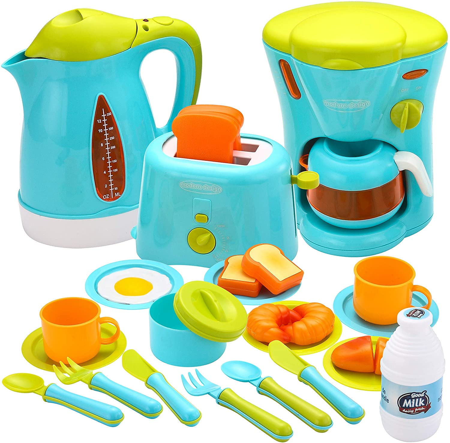 Kids Breakfast Toy Kit Kettle Toaster Coffee Maker Food Pretend