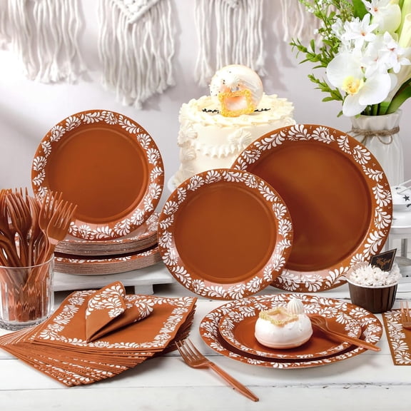 YUYAN-96 Pcs Cielito Lindo Party Decoration Platos De Barro Mexicanos Fiesta Paper Plates Mexican Napkins Forks Tableware Set Weeding Christmas Baby Shower Supplies, Serve 24(Brown,Floral)