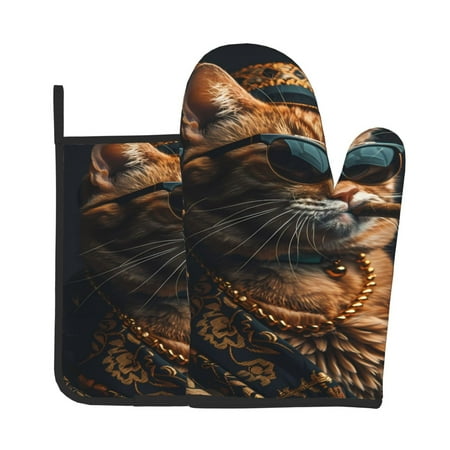 

Junzan Dapper Cat in Sunglasses Pattern Oven Mitts and Pot Holders 2 pcs Set Potholders BBQ Gloves Long Kitchen Oven Glove for Cooking Baking Grilling (2-Piece Set 11 Inch)