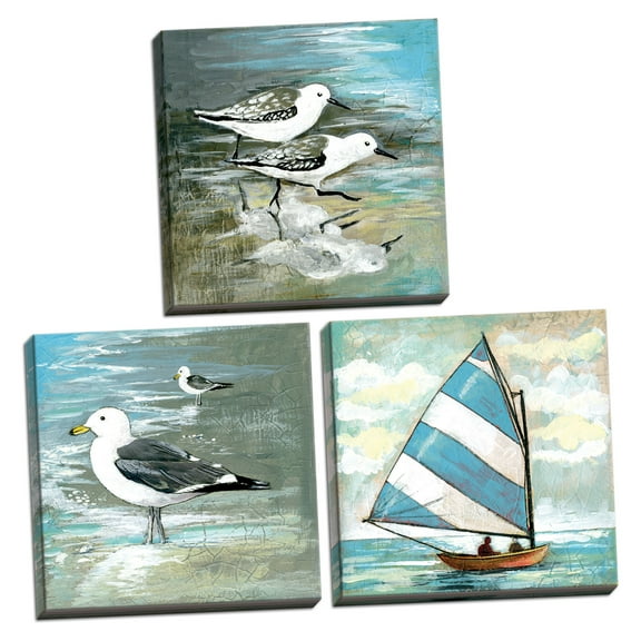 Blue and White Sailboat and Seabirds Adult Coastal Decor; 3 - 12" x 12" Stretched Canvases
