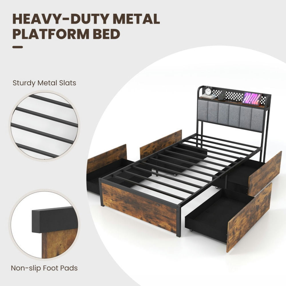 Resenkos Modern Bed,Frame Bed, Twin/Full/Queen Bed Frame with LED Lights Upholstered Headboard and 4 Storage Drawers-Twin size