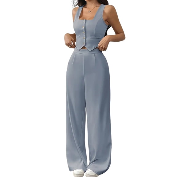 Women'S 2 Piece Outfits Button Down Sleeveless Sets Crop Blazer Vest and Wide Leg Pants Set Gray-Blue XL
