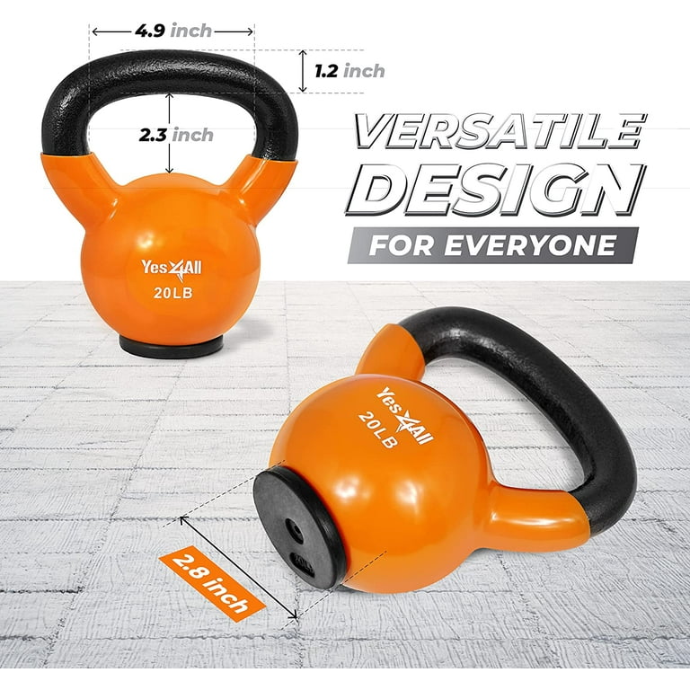 Yes4All 20lb Vinyl Coated / PVC Kettlebell with Rubber Base, Orange, Single  