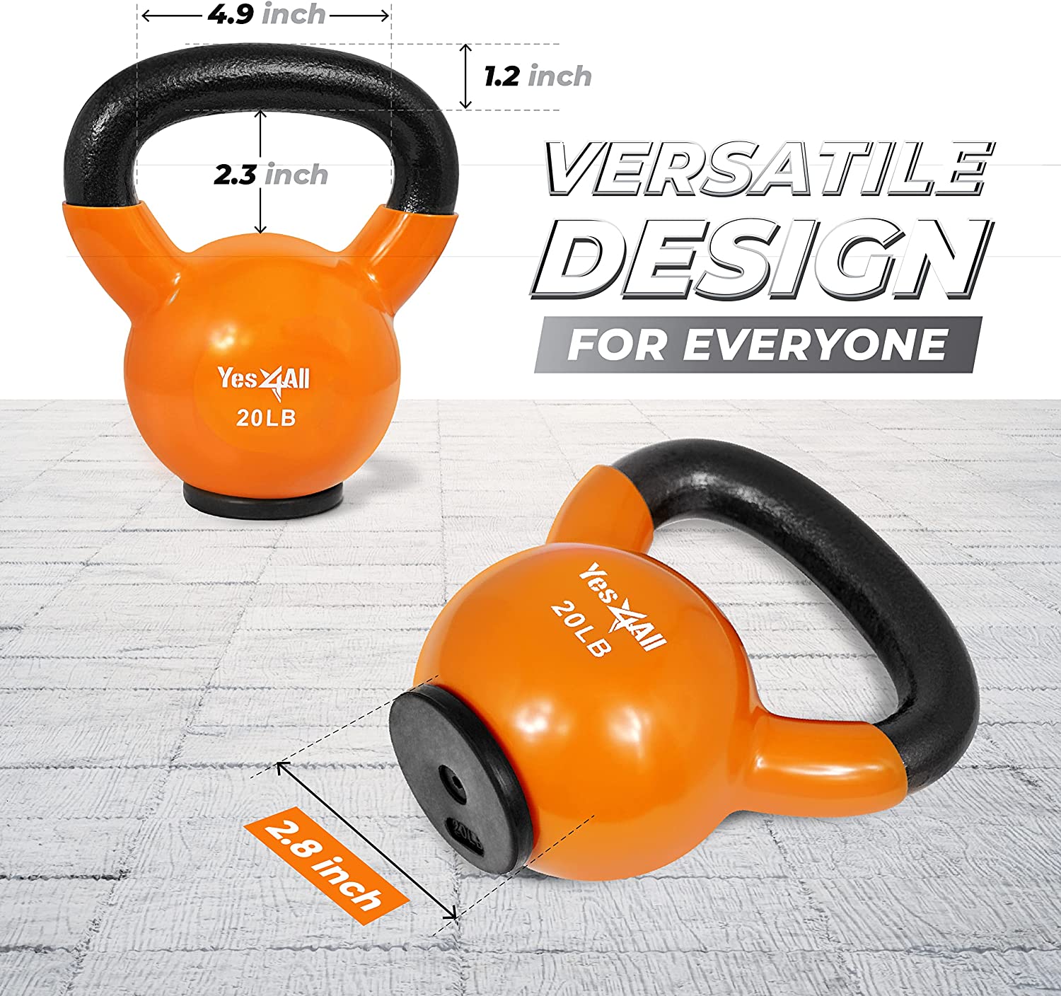 Yes4All 20lb Vinyl Coated / PVC Kettlebell with Rubber Base, Orange, Single - image 4 of 8