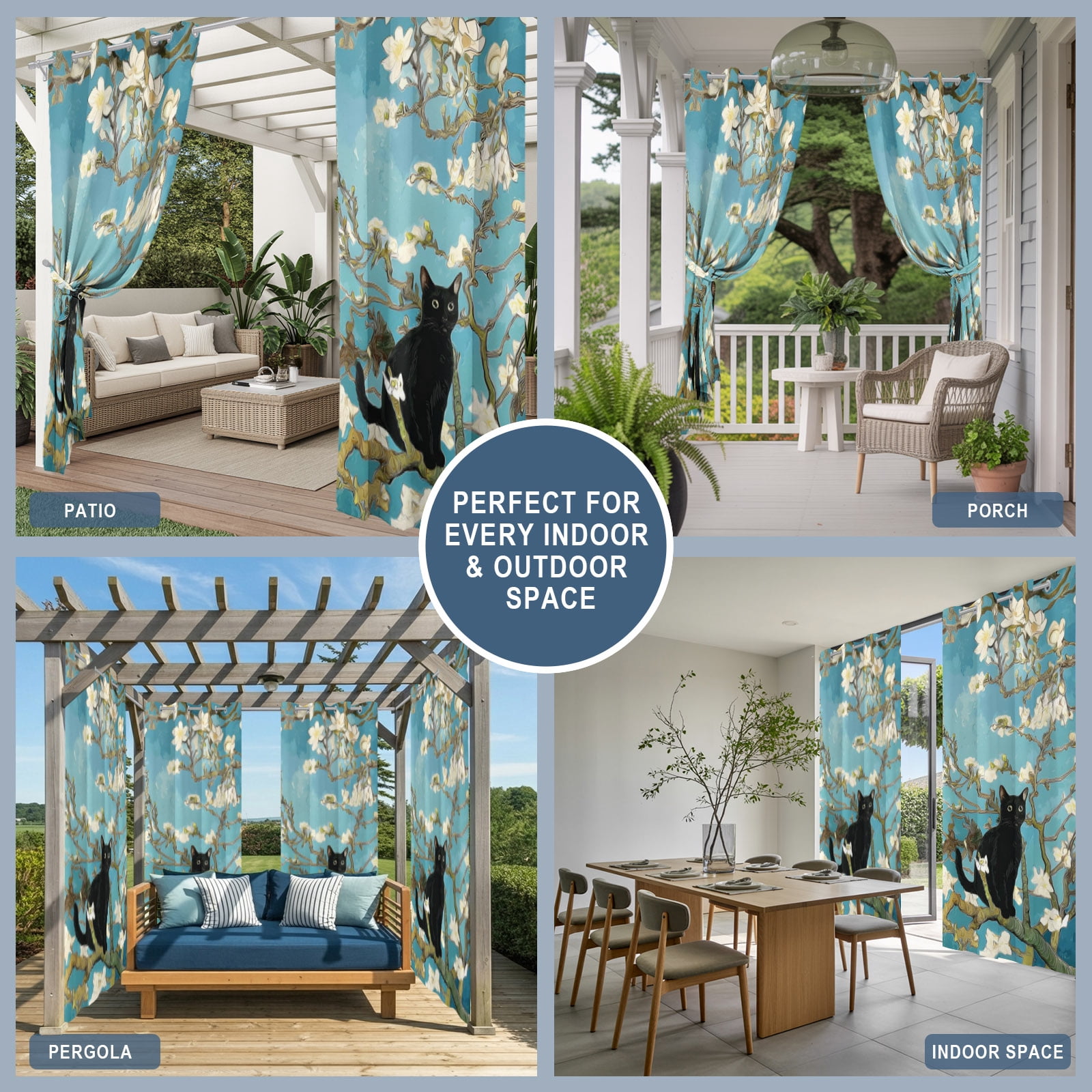Funny Black Cat Outdoor Curtains for Patio, Blossom White Floral Branches Vintage Sunshade Privacy Drapes Grommet Waterproof Outside Curtains for Porch/Cabana/Balcony 54"x 95", 2 Panel