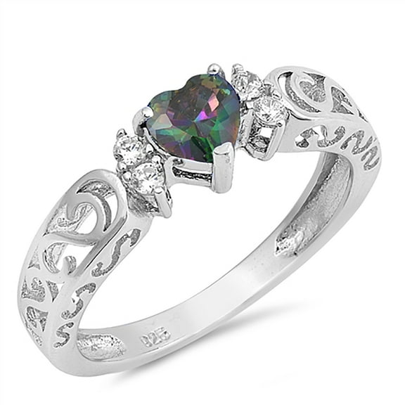 All In Stock Heart Rainbow CZ Center Swirl Sterling Silver Ring Size 5