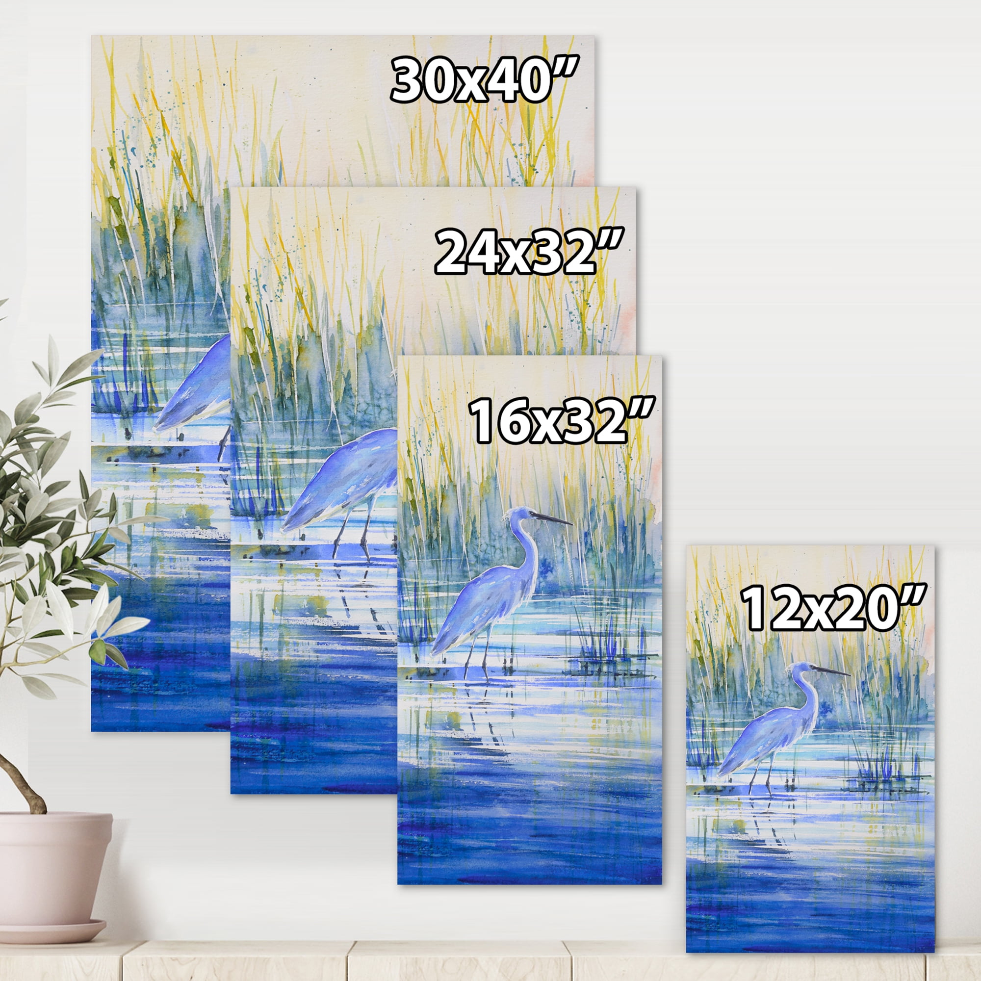 Designart ' Blue Heron On The Lake Shore ' Traditional Canvas Wall Art Print
