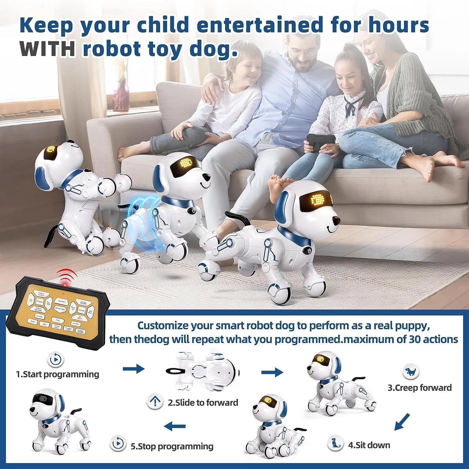 RC Robot Dog, Smart Programmable RC Electronic Pet Puppy with Early Education Function, White/Blue