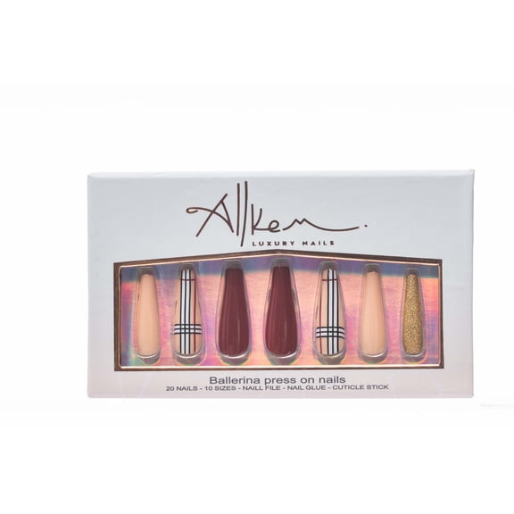 Allkem Nude Plaid Ballerina Press on Nails | Glossy Extra Long Coffin| 10 sizes - 20 pcs Nail kit with Glue