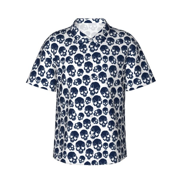 Fotbe black Skull white Camisa Hawaiana para Hombre Unisex – Camisa Casual de Verano con Botones de Manga Corta de Algodón y Lino,Small