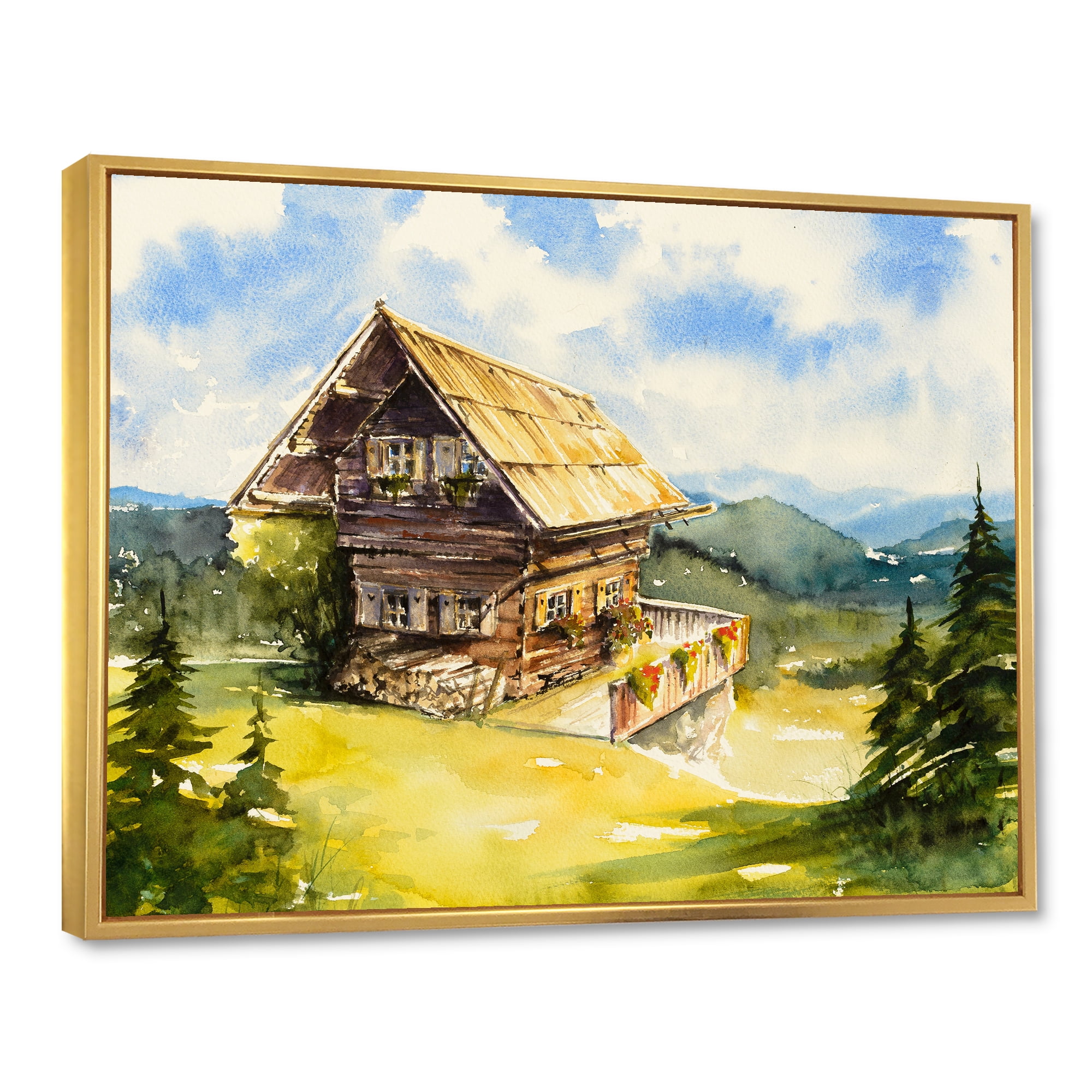 Designart 'Old Cottage At Summer With Peaceful Landscape' Traditional Framed Canvas Wall Art Print