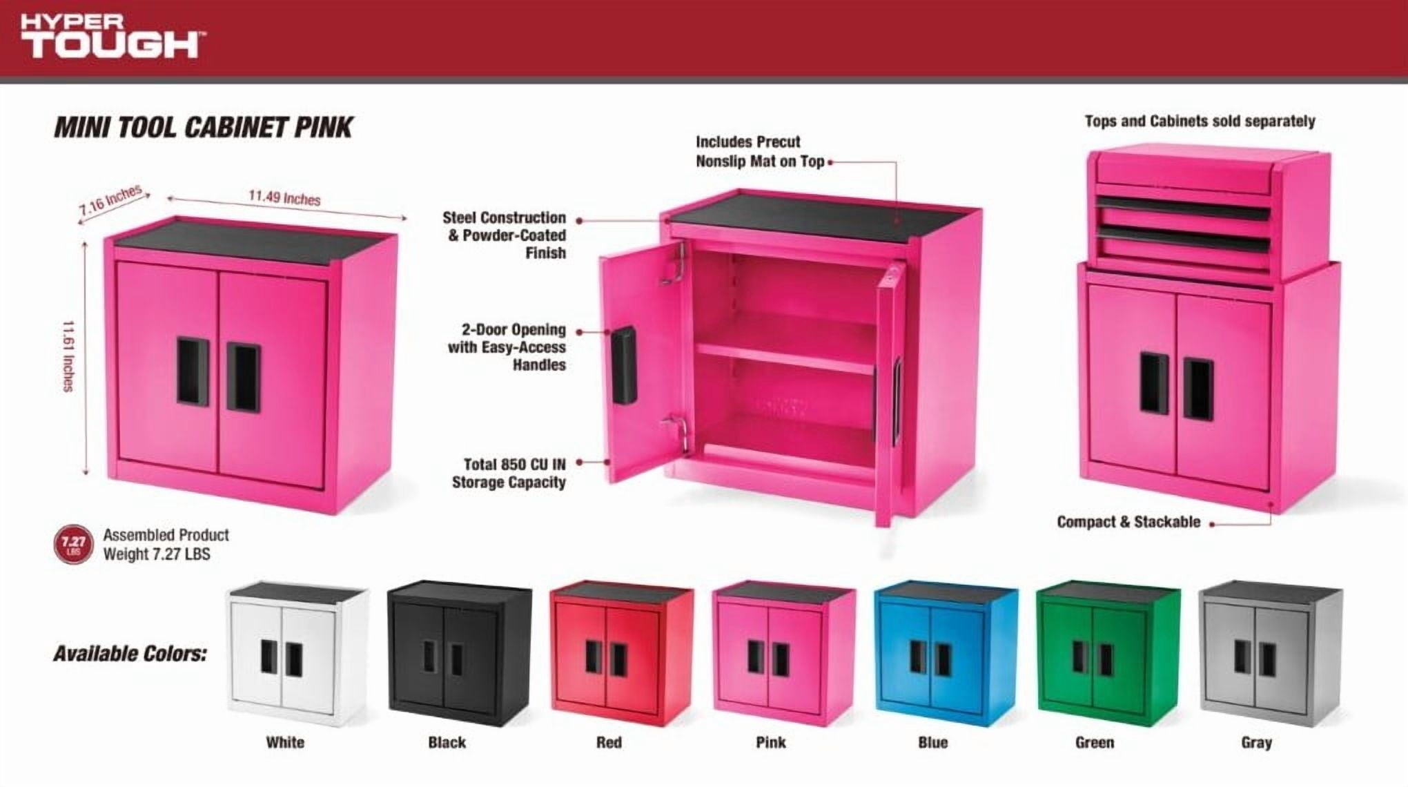 Hyper Tough Mini Tool Cabinet, 11.6-inch Pink Steel Storage with Double Doors & Top Mat