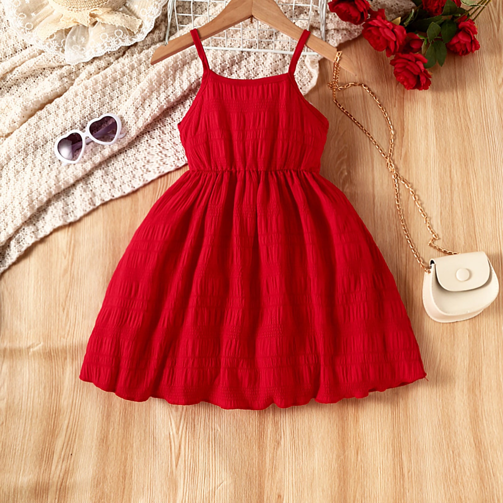 Big Kid Girl Dress Toddler Girl Summer Clothes Toddler Girls Solid Color Pleated Dress Light and Cool Daily Casual Sundress for Girls Clothes Red 3 4