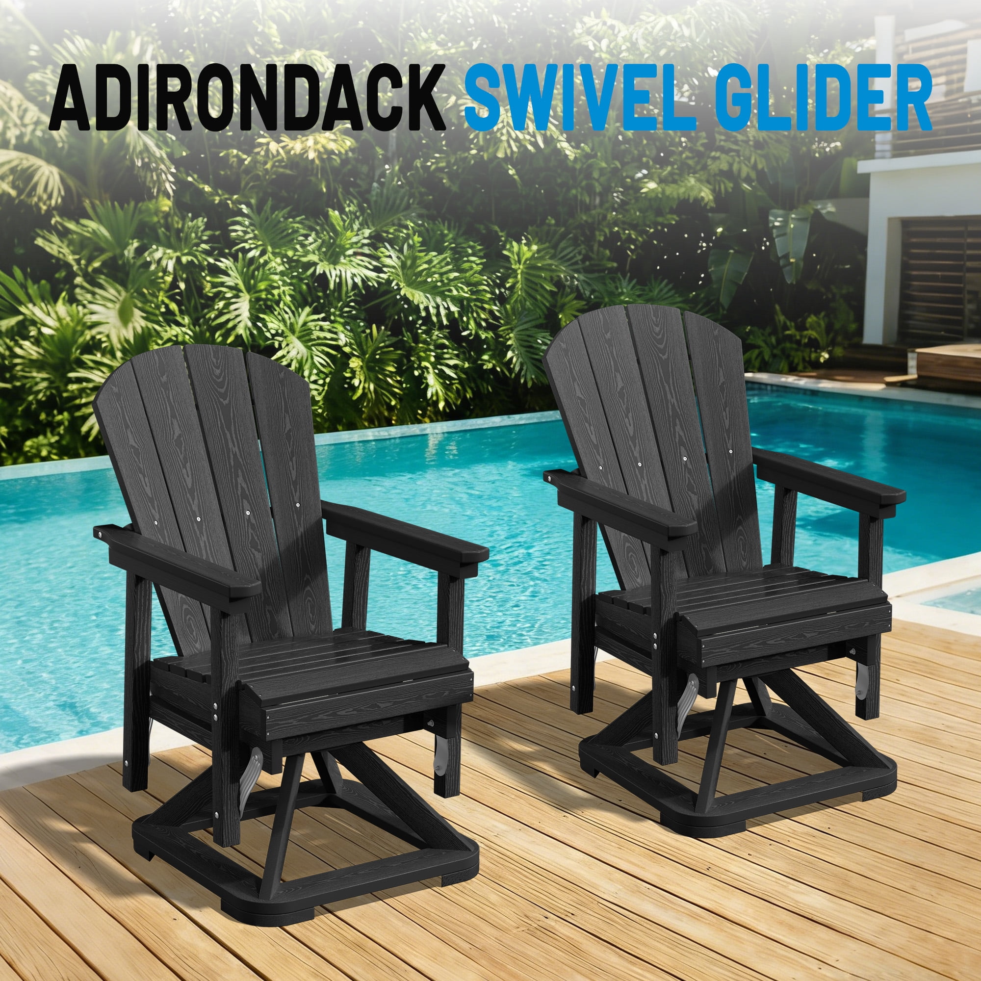 Easthome 360°Swivel Glider Adirondack Chair All-Weather HDPE Outdoor Rocking Chair with Ergonomic Backrest, Outdoor Swivel Rocker for Patio, Porch & Deck - Black