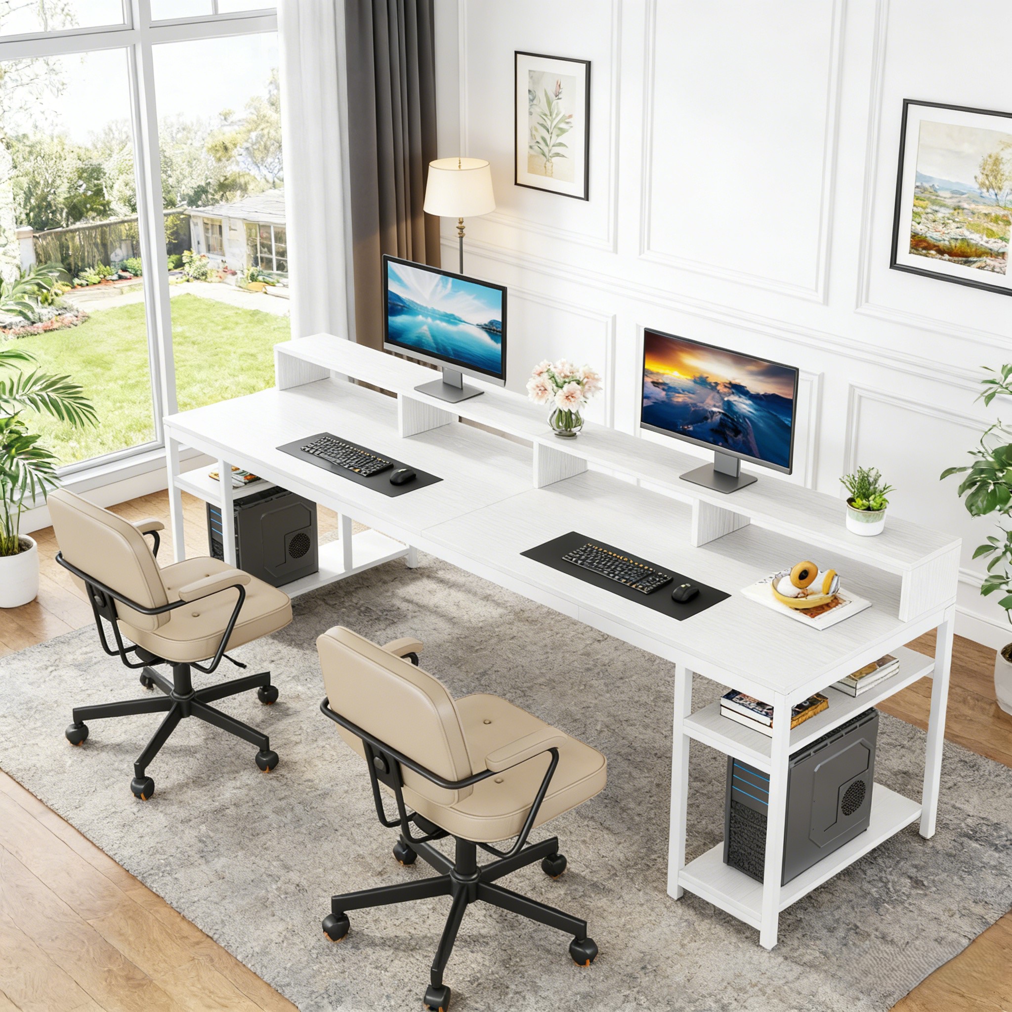 Fnova 78.74" Long Computer Desk with Monitor Stand and Storage Shelves, Industrial Home Office Writing Desk for 2, White