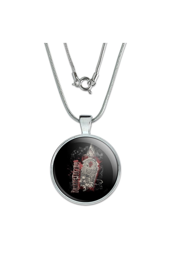 Breathtaking RIP Gravestone Biker Motorcycle 1" Pendant with Sterling Silver Plated Chain