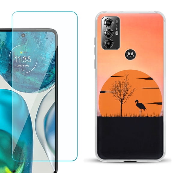 OneToughShield ® for Motorola Moto G Play 2023 Shockproof Fashion Phone Case, with Tempered Glass Screen Protector - Sunset Flamingo