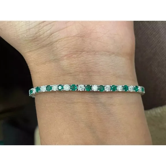 14K White Gold Plated 4MM 9Ct Round Lab-Created Green Emerald Diamond Tennis Bracelet`7" Fot Valentine Day Gift For Her