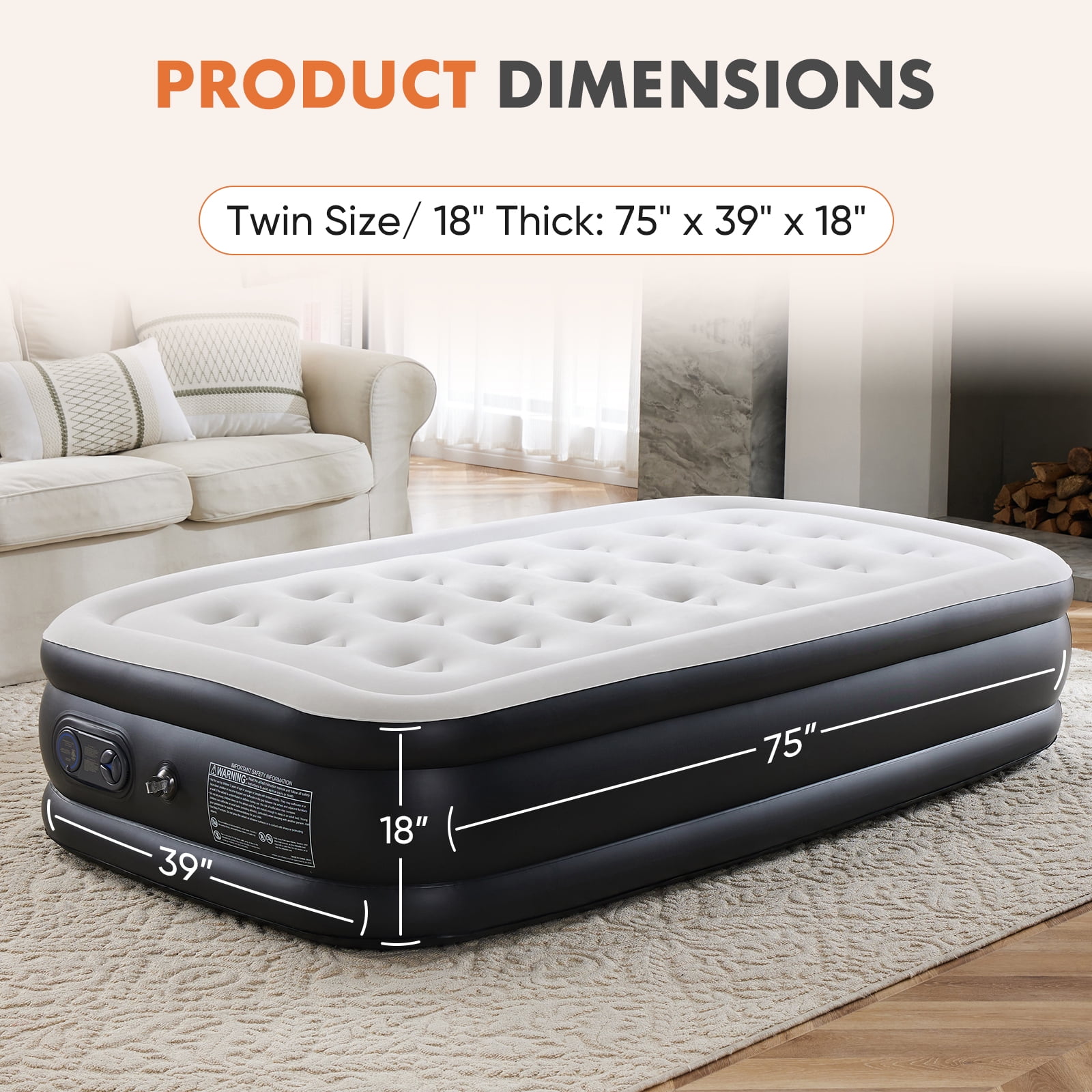 JIOABL 18" Twin Air Mattress, Portable Low Noise Colchone Inflable with Built in Pump, Maximum Weight Capacity 300 lbs Air Bed for Camping, Beach, Outdoor