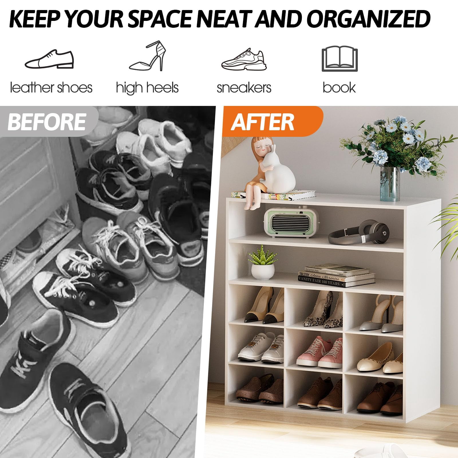 hoe Rack Organizer, 5-Tier Wood Cubby Shoe Rack with 2 Storage Shelf and 9 Cubbies, Shoe Organizer Cabinet for Entryway, Hallway, Closet and Garage, White