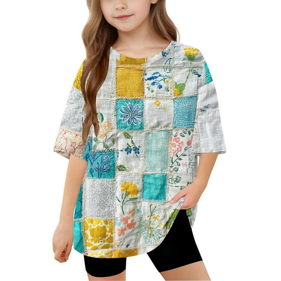 Girls Shirt Tops White Round Neck Tshirt for Girls Short Sleeve Shirts Girls Floral Shirt for Kids Y2k Girls Blouses Size 14-16 My Items