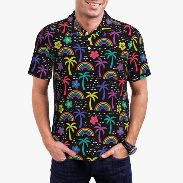 Fotbe Colorful Palms Camiseta Polo de Golf para Hombre con Estampado – Camisa Deportiva Transpirable con Cuello Abotonado-Small