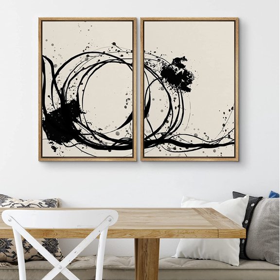 PixonSign Framed Wall Art Set Ink Graffiti Paint Stroke Circles Collage Geometric Abstract Modern Artwork Minimalism Decor Vintage Canvas Print for Room, Entryway - 24"x36"x2 Panels Natural