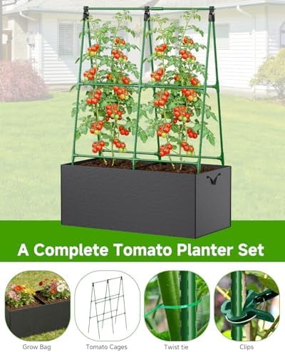 Cucumber Trellis with for Climbing Plants, A-Shape Garden Trellis with Grow Bags, Metal Plant Trellis with Garden Netting for Vegetables Flowers Fruits