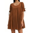 thumbnail image 4 of Dark Brown Babydoll Mini Dress For Women Summer Loose Bubble Short Sleeve Scoop Neck, 4 of 7