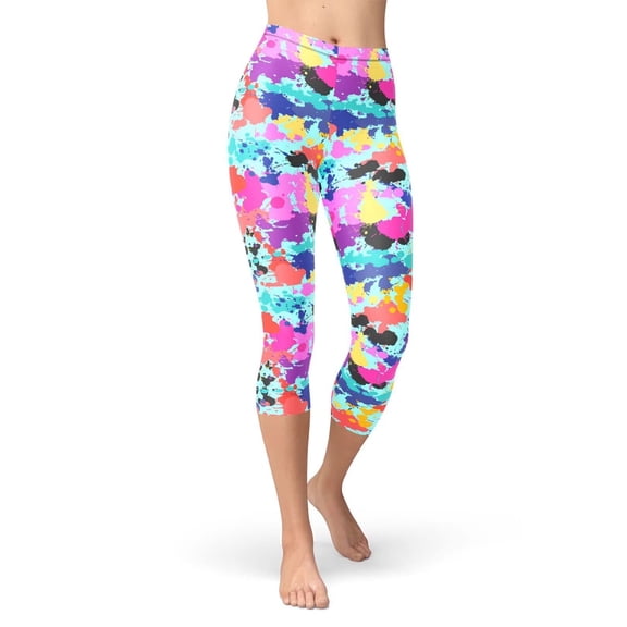 Brythos Women's Cropped Leggings - Art Splatter Print Cropped Trousers,Multicolor,S