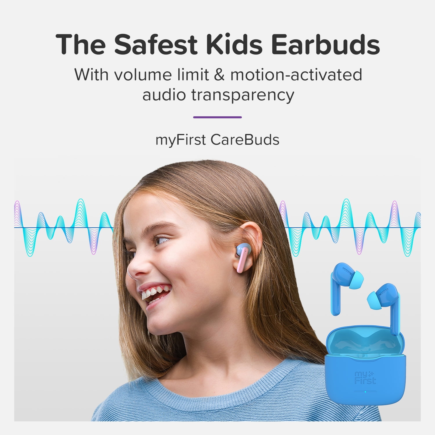 myFirst CareBuds (Blue) Kids Wireless Earbuds, 85dB Volume Limit, Built-in Mic, 6 Ear Tips, Anti-Loss Strap, Bluetooth 5.3, Gift for Kids 4-15