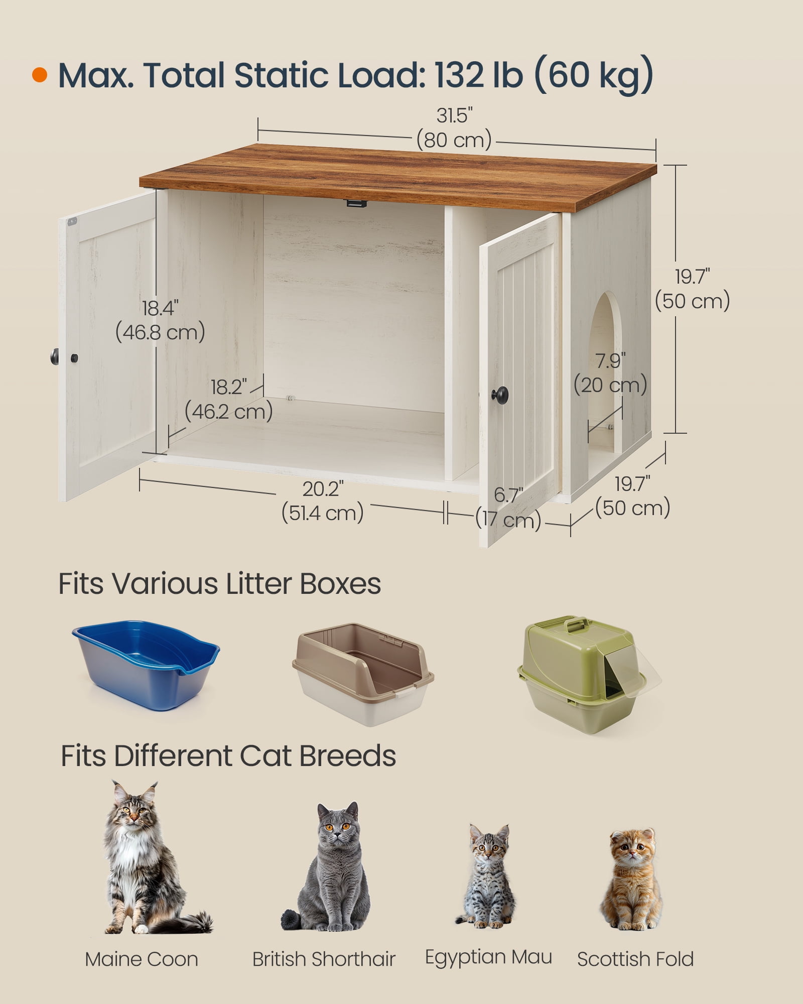 SONGMICS HOME Litter Box Enclosure, Superfast Toolless Assembly, Cat Washroom Furniture, Push-to-Open Doors, Cat House, Rustic White and Honey Brown
