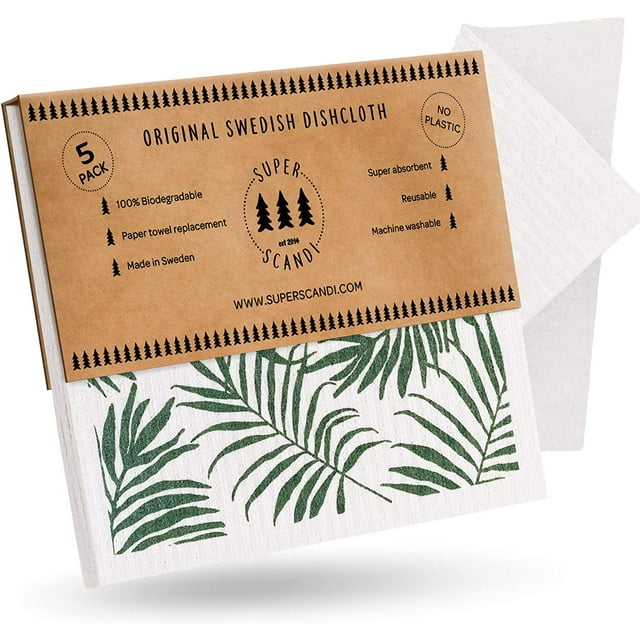 SUPERSCANDI 5 Pack Swedish Dish Cloths for Kitchen - 100% Biodegradable & Compostable | Washable Kitchen Cloths, Food-Safe & Without Plastic - Reusable Paper Towel for Any Surface | Palm Tree