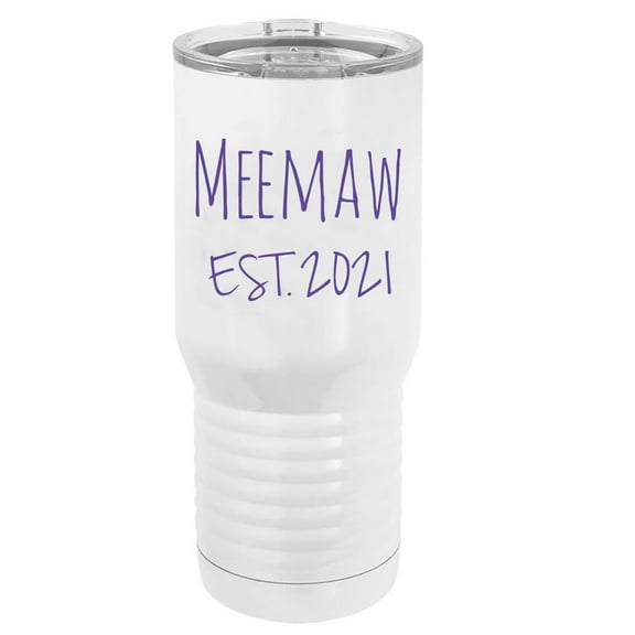 Meemaw Est. 2021 Established Stainless Steel Vacuum Double-Walled Insulated 20 Oz Tumbler Travel Coffee Mug with Clear Lid, White