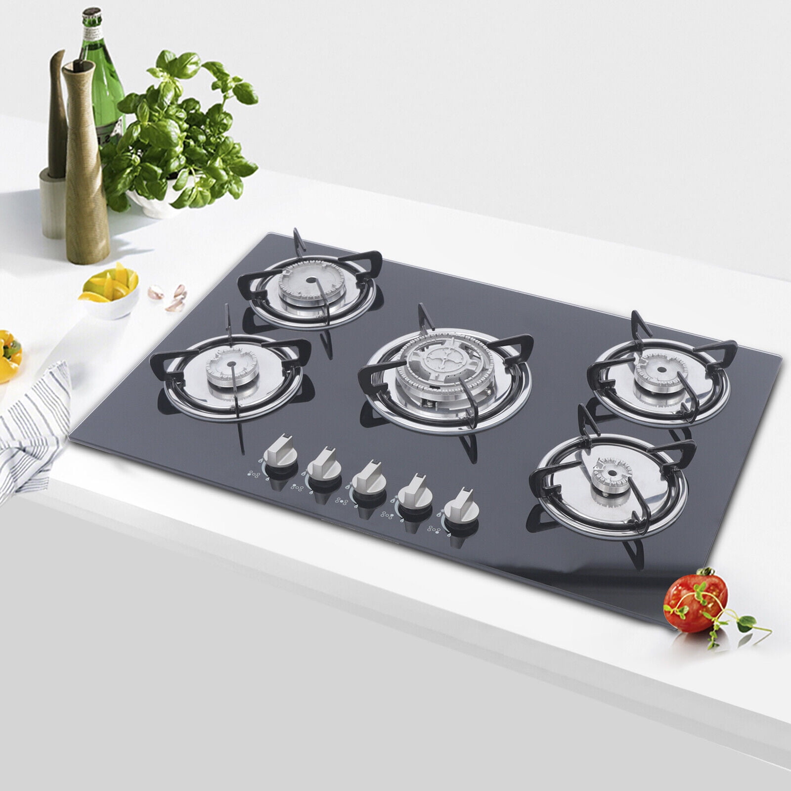 Gas Stove Cooktop, 5 Burners Tempered Glass LPG/NG Builtin Kitchen Hob Cooker 30" Black