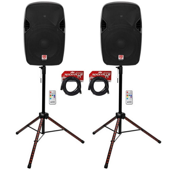 2 Rockville SPG124 12" Passive 1200w DJ PA Speakers Stands w/LED's Remote Cables