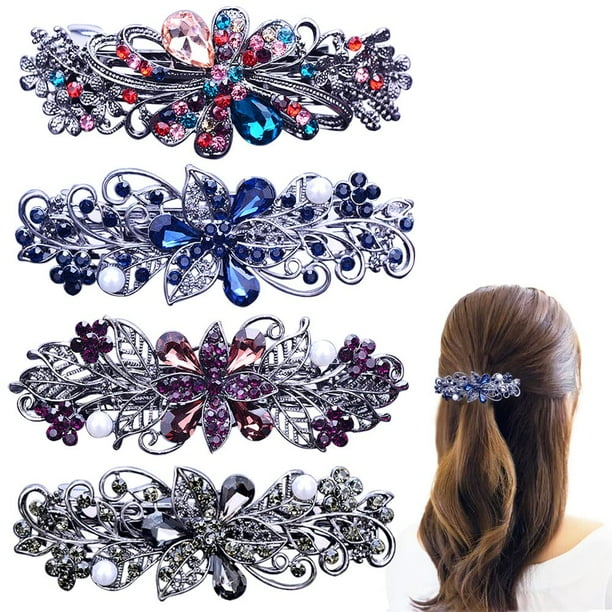 4 PCS Hair Barrettes for Women Ladies, Flower Crystal Rhinestones Barrettes Pearl Spring Hair