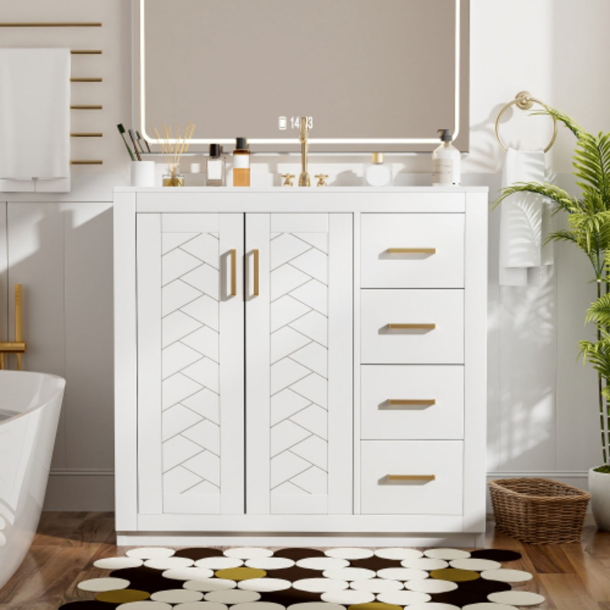 36" Bathroom Vanity with Ceramic Sink Combo, Freestanding Bathroom Vanity with 3 Drawers, 2 Doors, Solid Wood Frame, White