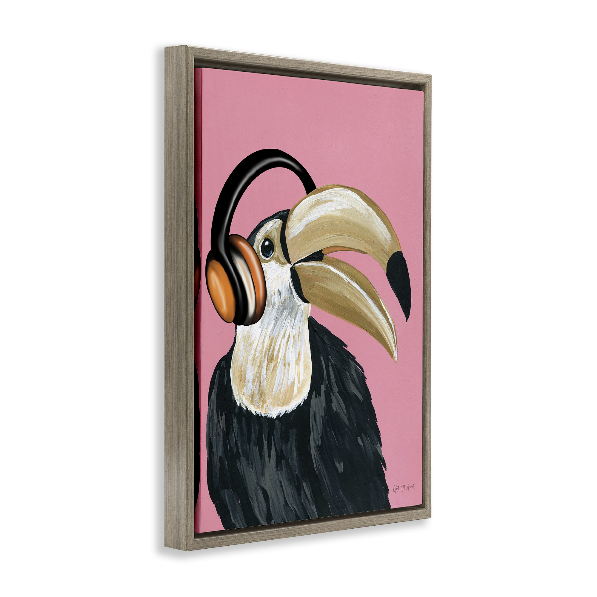 Stupell Industries Toucan & Music Headphones Animals & Insects Painting Brown Floater Framed Art Print Wall Art, 17 x 25